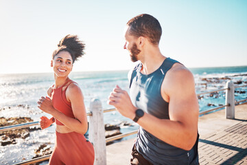 Canvas Print - Running, fitness and sea with a sports couple outdoor during summer for cardio or endurance exercise. Health, training and ocean with a man and woman runner on a promenade for a workout together