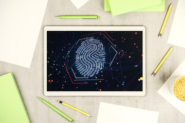Poster - Top view of modern digital tablet display with abstract creative fingerprint illustration, personal biometric data concept. 3D Rendering