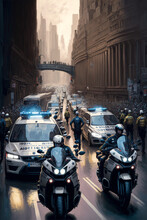  Police On BMW Motorbikes, Escorting Ambulances Through Crowded Urban Streets