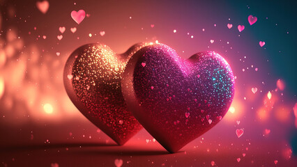 two cute hearts on pink background. valentine's day concept. Generative AI