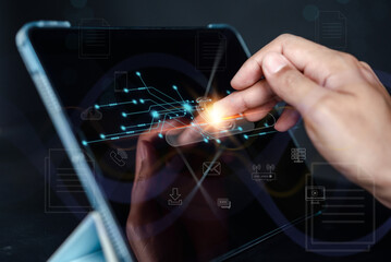 Poster - Businessman touching online screen interface IOT. Internet of Things (IOT) technology database, with icons of typical IoT. Intelligent, social and media, cloud backup network system.