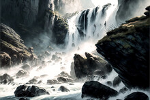 A Waterfall In A Cave - Generative AI