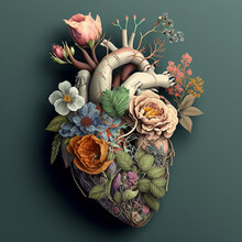 Generative AI Illustration Of An Anatomical Heart With Stylised Flowers Surrounding It