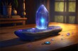 beautiful glowing crystal prismatic amulet laying on the table in a magical workshop created with Generative AI technology