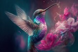 illustration douce de colibri en vol butinant des fleurs colorées, ambiance magique et poétique