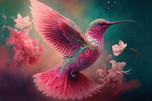 Illustration Douce De Colibri En Vol Butinant Des Fleurs Colorées, Ambiance Magique Et Poétique