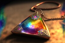 Beautiful Glowing Crystal Prismatic Amulet Laying On The Table In A Magical  Workshop Generative AI