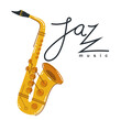 Jazz music emblem or logo vector flat style illustration isolated, saxophone logotype for recording label or studio or musical band.