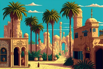 Wall Mural - Pixel art ancient Arabic city, city in the desert with buildings and palm trees, background in retro style for 8 bit game, Generative AI