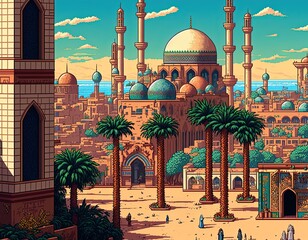 Wall Mural - Pixel art ancient Arabic city, city in the desert with buildings and palm trees, background in retro style for 8 bit game, Generative AI