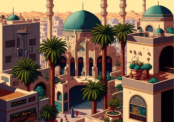 Wall Mural - Pixel art ancient Arabic city, city in the desert with buildings and palm trees, background in retro style for 8 bit game, Generative AI