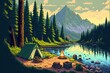 © Pixel  Land - Pixel art camping with tents and bonfires, camping in the forest with river and mountains, landscape in retro style for 8 bit game, Generative AI