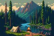 © Pixel  Land - Pixel art camping with tents and bonfires, camping in the forest with river and mountains, landscape in retro style for 8 bit game, Generative AI