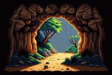 Pixel Art Cave Entrance, Natural Tunnel With Rocks, Trees And Vegetation, Landscape In Retro Style For 8 Bit Game, Generative AI