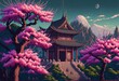 © Pixel  Land - Pixel art Chinese temple and cherry trees in the mountains, landscape in retro style for 8 bit game, Generative AI