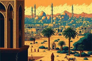 Wall Mural - Pixel art ancient Arabic city, city in the desert with buildings and palm trees, background in retro style for 8 bit game, Generative AI