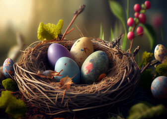 Sticker - colored deep red Easter eggs in nest . AI Generated