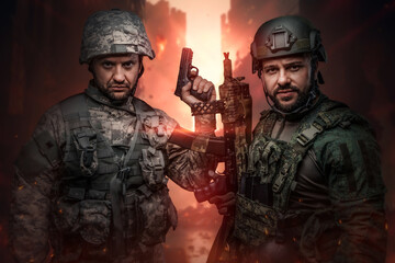 Wall Mural - Art of two military men and their combat in destroyed city looking at camera.