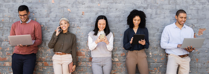 Aufkleber - Recruitment, success and people in waiting room on job search, internship opportunity or career diversity. Brick wall, technology and group friends on website, laptop and phone call for we are hiring