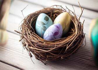 Sticker - colored deep red Easter eggs in nest . AI Generated