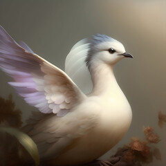 Wall Mural - Generative AI: cute exotic fantasy bird very feathery in pastel colors on a light background