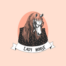 Portrait Of A Horse With Glasses And A Woman's Blouse. Vector Illustration Of Animal. Motivational Quotes Lady Horse