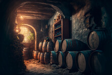 Wine Cellar With Barrels