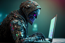 Scary Horrible Robot Typing Laptop, Cyber Hacker Hacking Computer 3d Illustration