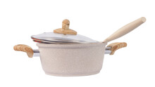 Beige spotted kitchen pan and knife side view. Knife and pan png Isolated with transparency