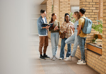 Canvas Print - Education, friends and college with students talking on campus with books for learning, scholarship or knowledge. Study, future or university with people for back to school, academy and group goal