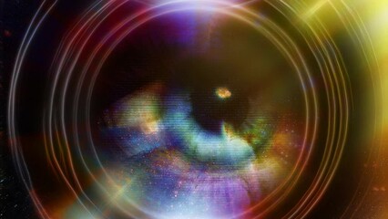 Poster - Woman Eye and cosmic space with stars and circle light. abstract color background, eye contact. Loop Animation