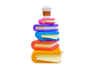 Poster - 3d minimal a pile of books with a coffee cup. 3d illustration.