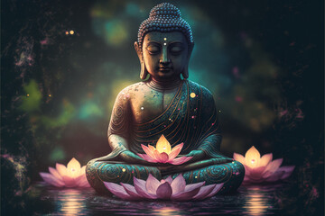 buddha statue in the water with lotuses. ai generation