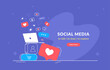 Social media network and community announcement. Flat vector illustration of laptop with flying social media symbols such as speech bubbles, hearts. Abstract promo design for subscribers and audience