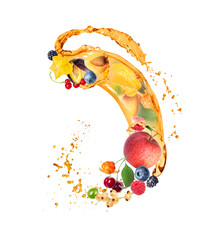 Wall Mural - Various berries and fruits in splashes of juice in the air on a white background