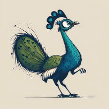  A Blue And Green Bird With A Long Tail And A Large Tail, Standing On One Leg And Looking To The Side With A Surprised Eye On A Light Background With A White Background Of. , AI Generative AI