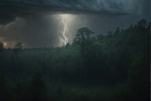  A Storm Is Coming In Over A Forest With Trees And A Dark Sky Above It And A Dark Cloud Is In The Distance With A Lightening Of The Sky Above The Trees And The Trees. , AI