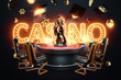 © Aliaksandr Marko - Beautiful Girl in a gold dress at the blackjack table. casino, cards, dice, chips. Concept banner poster for the casino, gambling, a hat for the site.