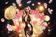 © Aliaksandr Marko - Beautiful girl in a gold dress posing against the background of casino paraphernalia, cards, dice, chips. Concept banner poster for the casino, gambling, a hat for the site.