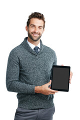 Poster - Smile, portrait or business man on tablet screen for internet research, social media or networking in white background. Tech or person on touchscreen for social network, blog review or media app