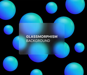 Poster - glassmorphism background banner with transparent glass frame template . Realistic Frosted glass morphism effect with blurred abstract gradient blue circle shapes. Vector illustration
