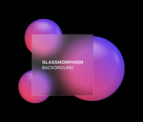 Poster - glassmorphism background banner with transparent glass frame template . Realistic Frosted glass morphism effect with blurred abstract blue circle shapes. Vector illustration