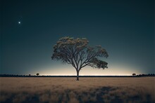  A Lone Tree In A Field With A Moon In The Sky Above It And A Distant Star In The Distance Above It, With A Distant Field Of Grass And A Path Leading To The. , AI