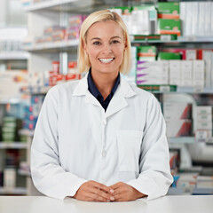 Poster - Pharmacist, happy portrait and medical pharmacy worker ready, confident and proud service in drug store. Kind doctor, professional trust and healthcare counter for wellness or pharmaceutical medicine
