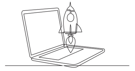 Poster - continuous line drawing vector illustration with fully editable stroke of laptop computer with rocke