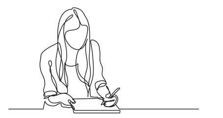 continuous line drawing vector illustration with FULLY EDITABLE STROKE of girl writing