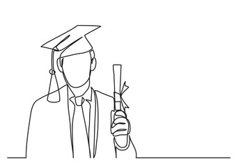 Poster - continuous line drawing vector illustration with fully editable stroke of happy graduate with diplom