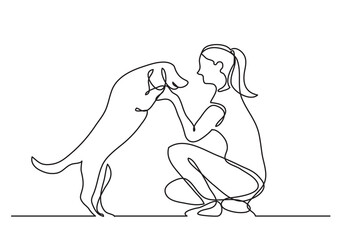 Fototapete - continuous line drawing vector illustration with FULLY EDITABLE STROKE of happy pet lover with dog