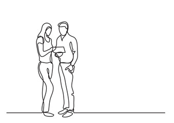 Poster - continuous line drawing vector illustration with FULLY EDITABLE STROKE of man and woman discussing
