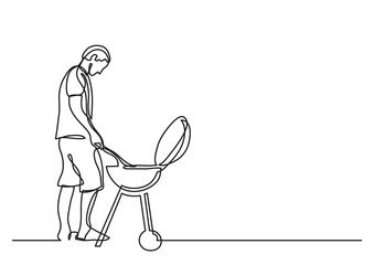 Poster - continuous line drawing vector illustration with fully editable stroke of man grilling barbeque
